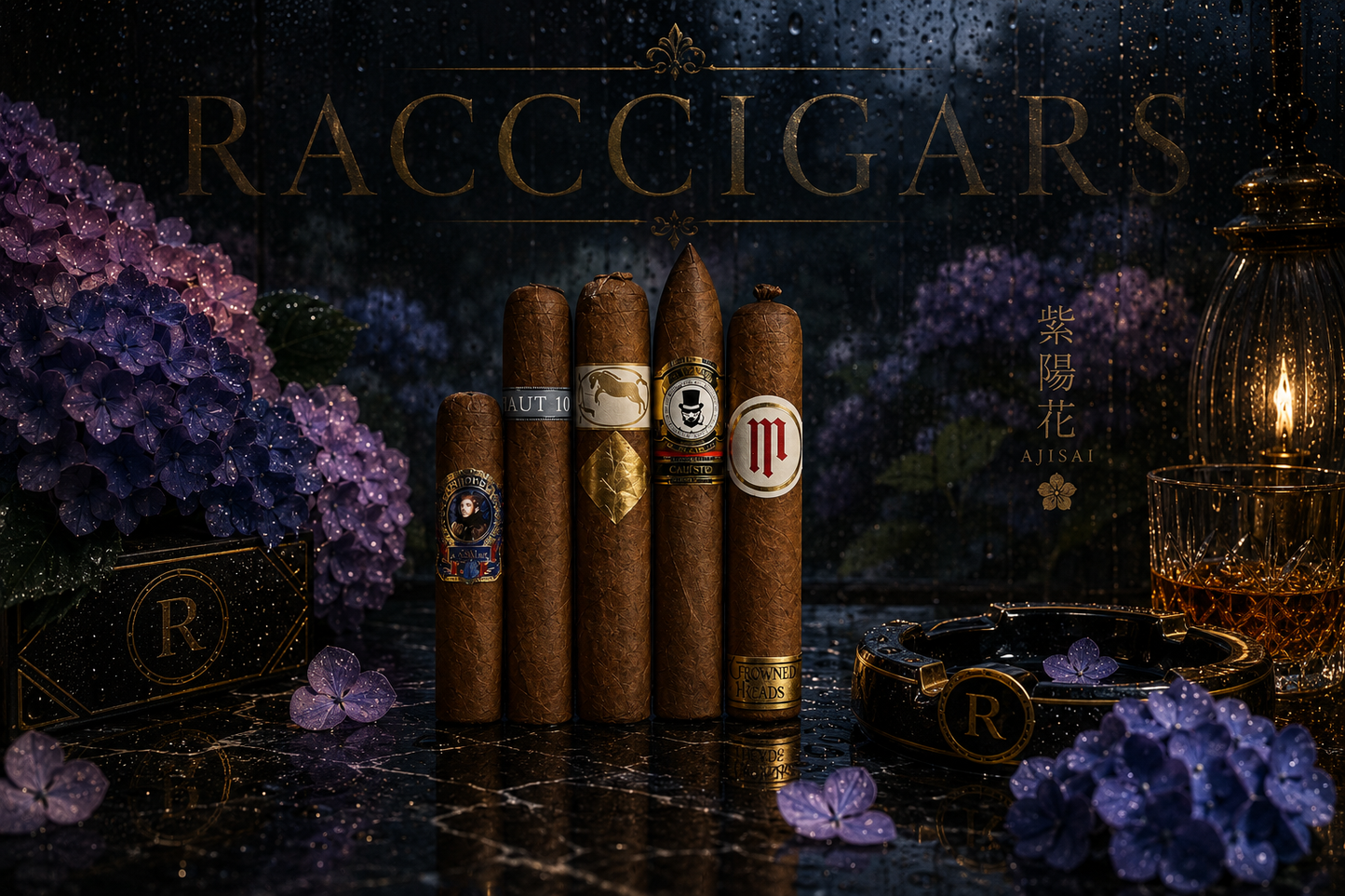 Collection of cigars with visible brand logos on a dark background with decorative elements.