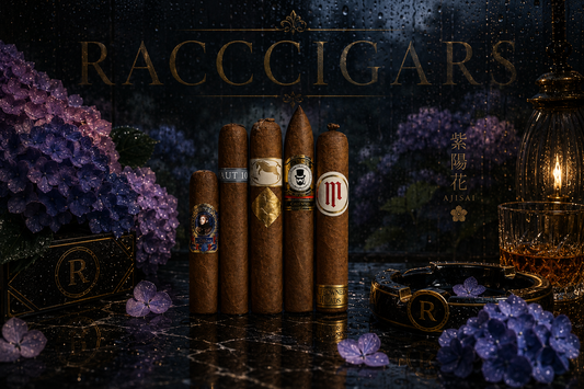 Collection of cigars with visible brand logos on a dark background with decorative elements.