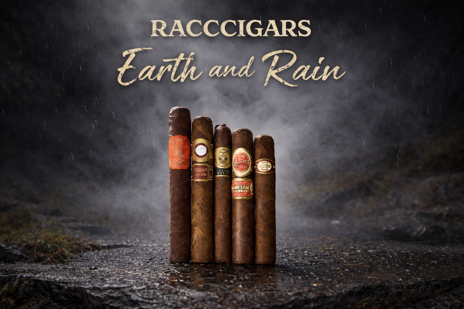 Five cigars with visible labels on a dark surface, branded 'RACCCIGARS Earth and Rain'.